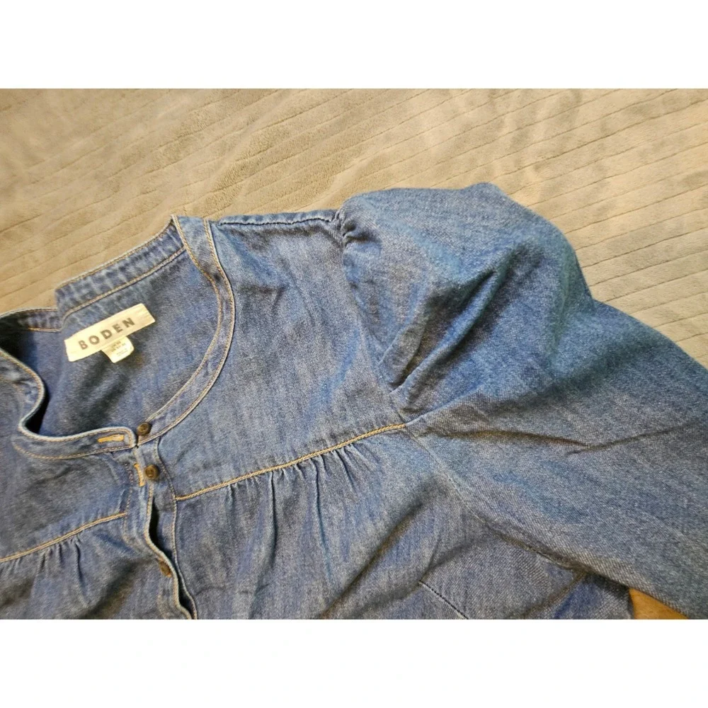 Boden Denim Blouse Medium Wash Puff Shoulder Button Front Top US 20-22